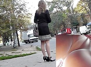 Charming golden-haired in outdoor upskirt vid